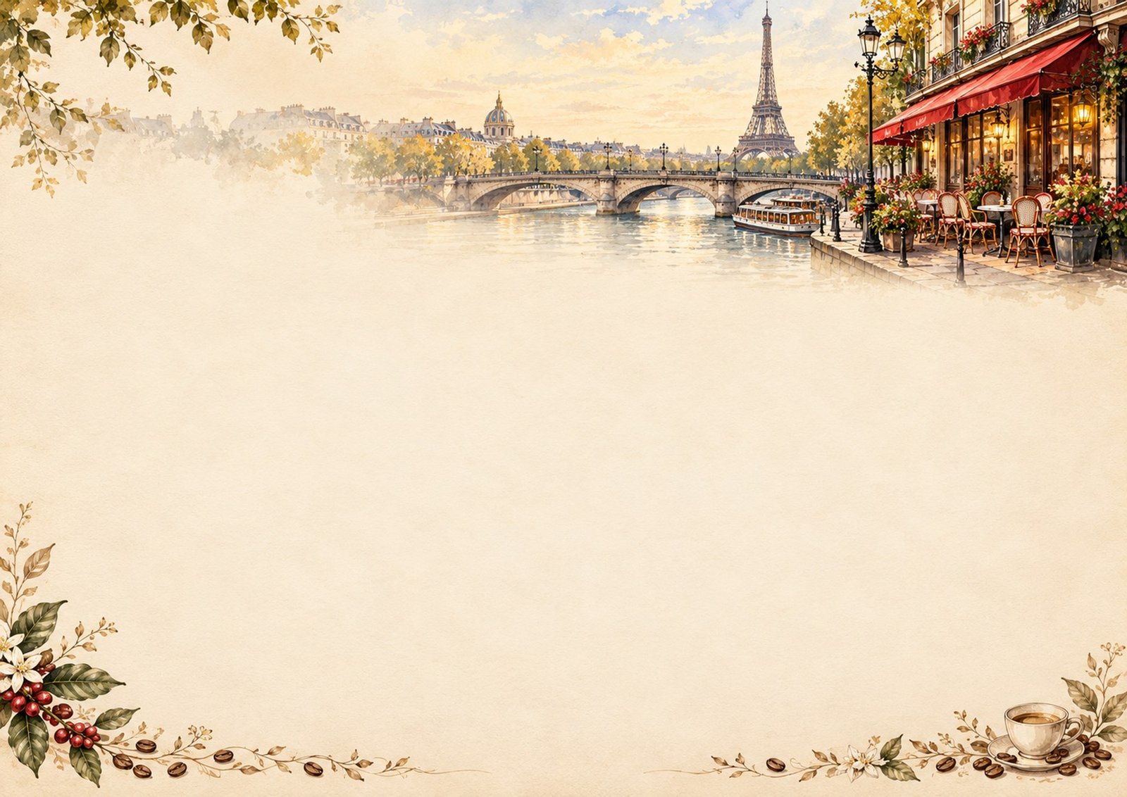 Ilustración parisina: Torre Eiffel, río y terraza de café